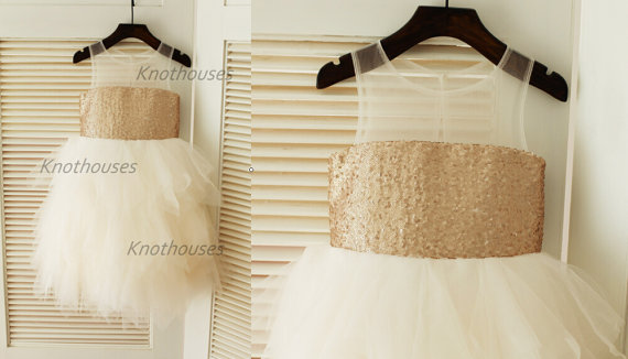 Свадьба - Champagne Gold Sequin Tulle Flower girl Dress Sheer Illusion Neckline Junior Bridesmaid Dress Toddler Kids Dress for Wedding