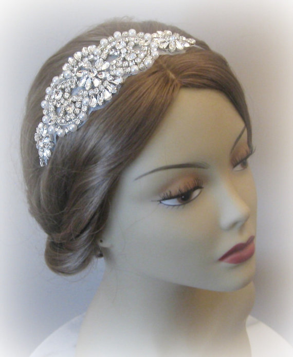 زفاف - Pearl and Rhinestone Headband, Bridal Headband, Crystal, Silver Art Deco Head Piece - DITA HEADBAND