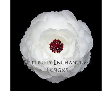 Свадьба - Diamond White English Rose Bridal Hair Flower Clip with Crimson Red Rhinestone Center