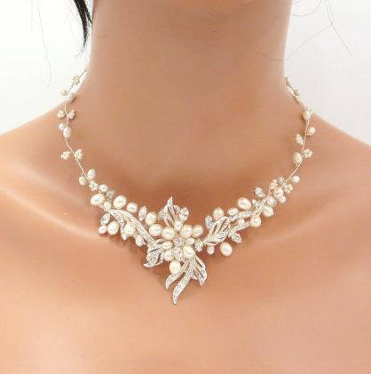 زفاف - Wedding necklace SET, Freshwater pearl Bridal necklace, Wedding jewelry set, Pearl bridal earrings, Rhinestone and pearl necklace set
