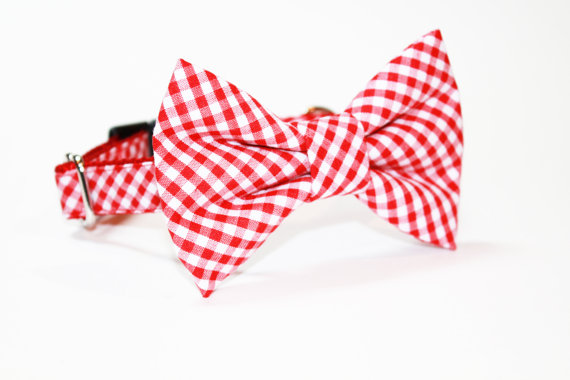 Mariage - Bow Tie Dog Collar- Wedding Dog Collar- Red Gingham