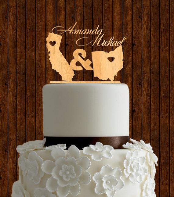 Hochzeit - State love cake topper / wood cake topper / wedding cake topper / natural wood cake topper / unique cake topper / destination cake topper