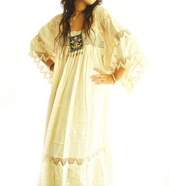 Wedding - Add EXPRESS SHIPPING for your Romantic Mexican Natural Maxi Dress Vintage Excellent Condition Hippie Fairy chic Bohemian wedding dress