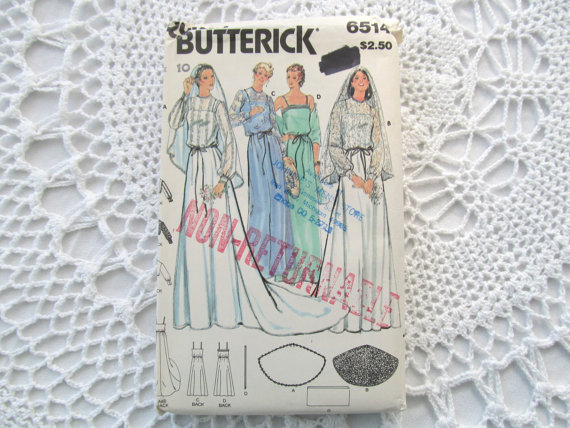 زفاف - Butterick Wedding Dress Pattern 6514 White Lacey Vintage Size 10 Uncut Gown & Veil