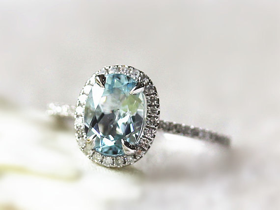 Wedding - Sky Blue Aquamarine Ring 6x8mm Oval Aquamarine Ring Halo Diamond Engagement Ring Gesmtone Wedding Ring in 14k White Gold