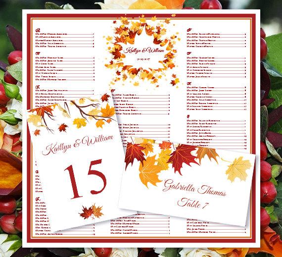 Wedding - Wedding Seating Chart "Falling Leaves" Fall, Autumn or Thanksgiving Printable Table Number and Place Card Word.doc Templates DIY You Print