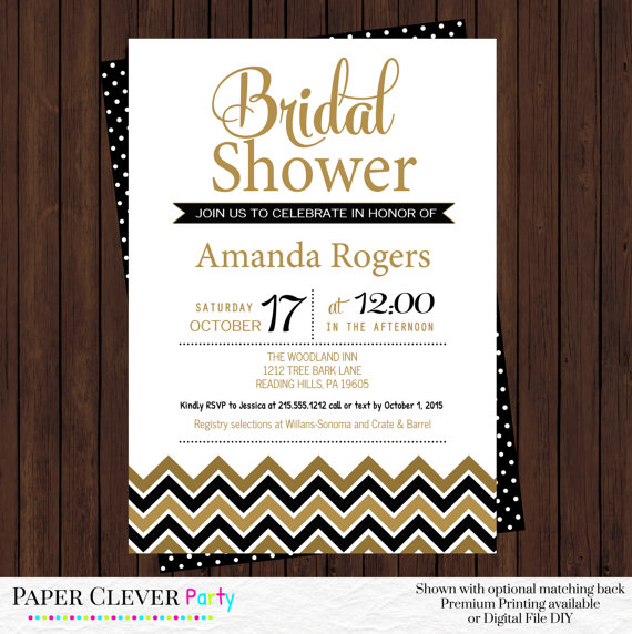 Hochzeit - Black and Gold Bridal Shower Invitations -- Modern Chevron Champagne Brunch Party -- Elegant Wedding Theme Personalized Prints or Printable