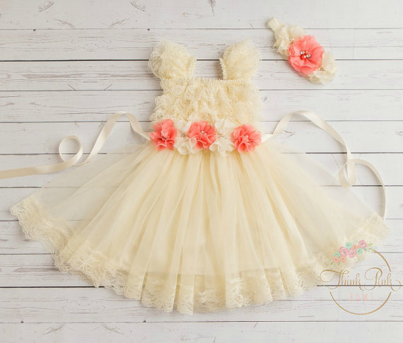 Hochzeit - Ivory burlap flower girl dress, flower girl dress, Rustic flower girl dress, petti lace dress,country western dress, Baby toddler lace dress