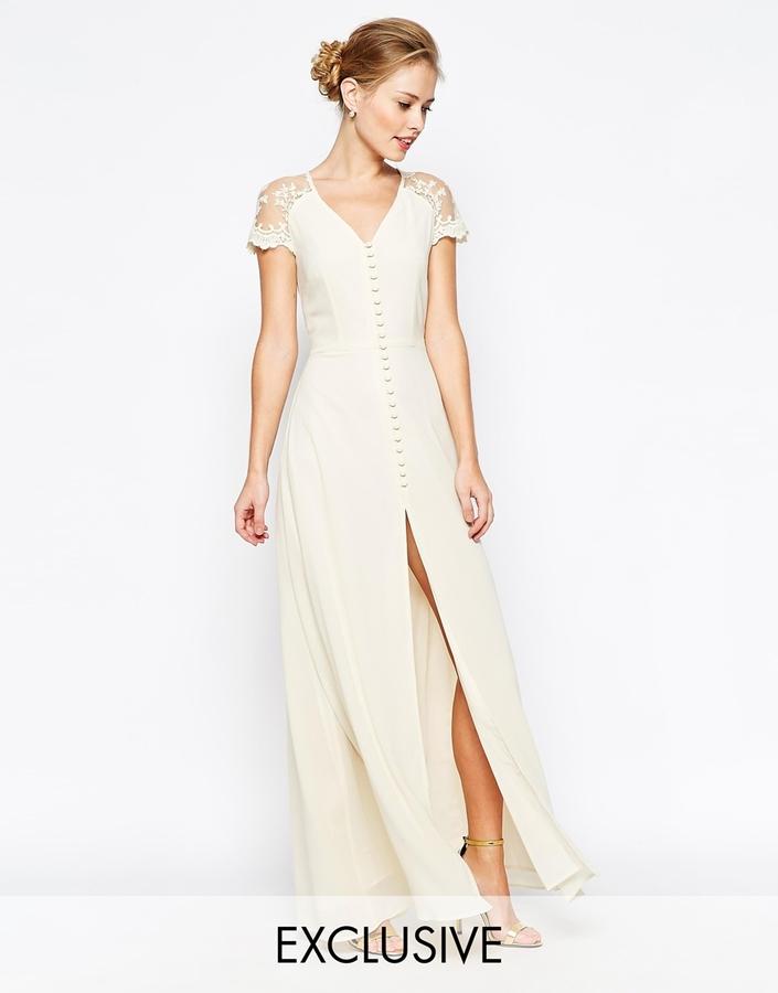 Wedding - Jarlo Lucia Button Through Maxi Dress With Lace Shoulders