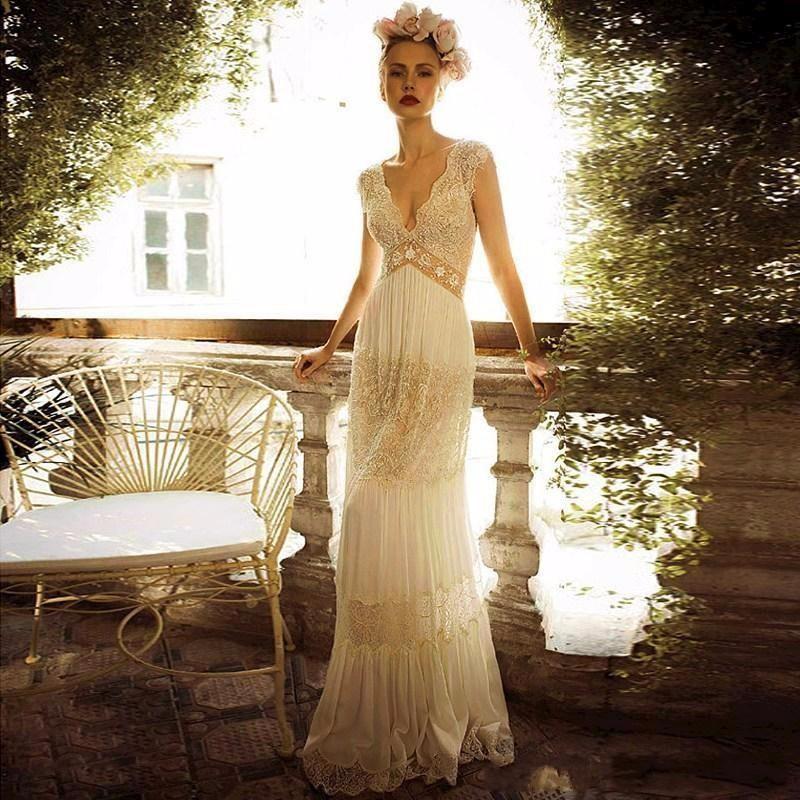 Hochzeit - New Arrival 2015 Spring Bohemian Wedding Dresses A-Line Lace Cap Sleeve Long Sexy Wedding Gowns V-Neck Backless Vestidos Hot Sale FY125 Online with $120.16/Piece on Hjklp88's Store 