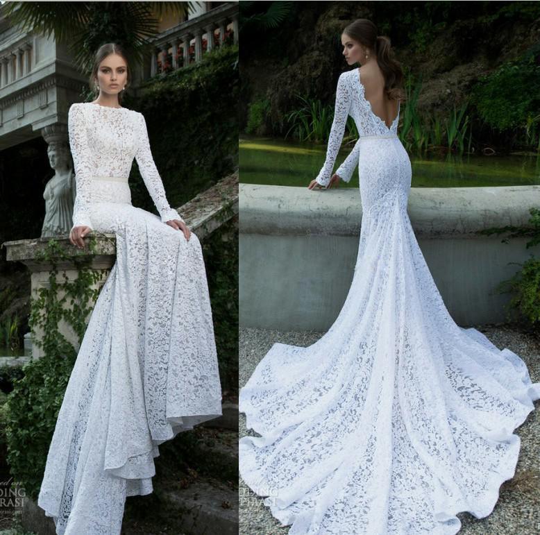 Свадьба - 2015 Popular Element Lace Mermaid Wedding Dresses High Collar Sexy Backless Long Sleeve Chapel Train Bridal Gown Berta Style Collection Online with $140.99/Piece on Hjklp88's Store 