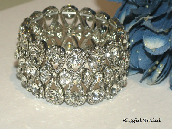 Mariage - Stretch Crystal Bracelet, Cuff Wedding Bracelet, Bridal Bracelet, Bridal Jewelry, Bracelet For Bride, Wide Rhinestone Bracelet