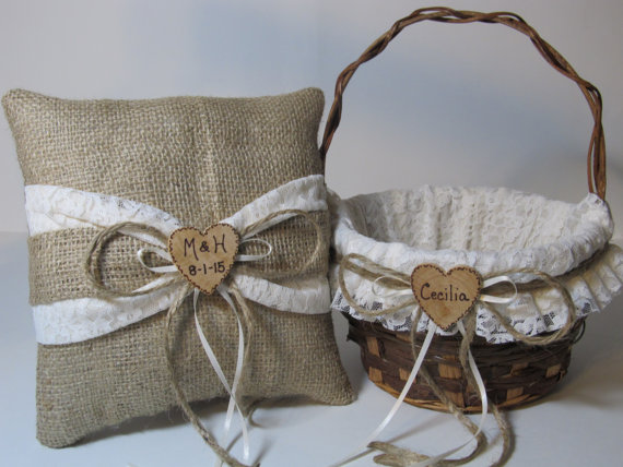 Mariage - Burlap and Ivory Lace Flower Girl Basket and Ring Bearer Pillow Set - Personalized For Your Wedding Day