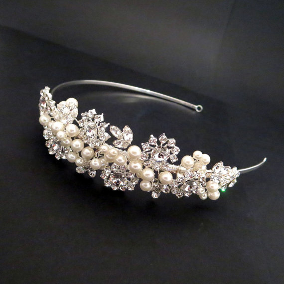 زفاف - Wedding headband, Pearl and rhinestone headband, Pearl cluster head band, Wedding hair accessory