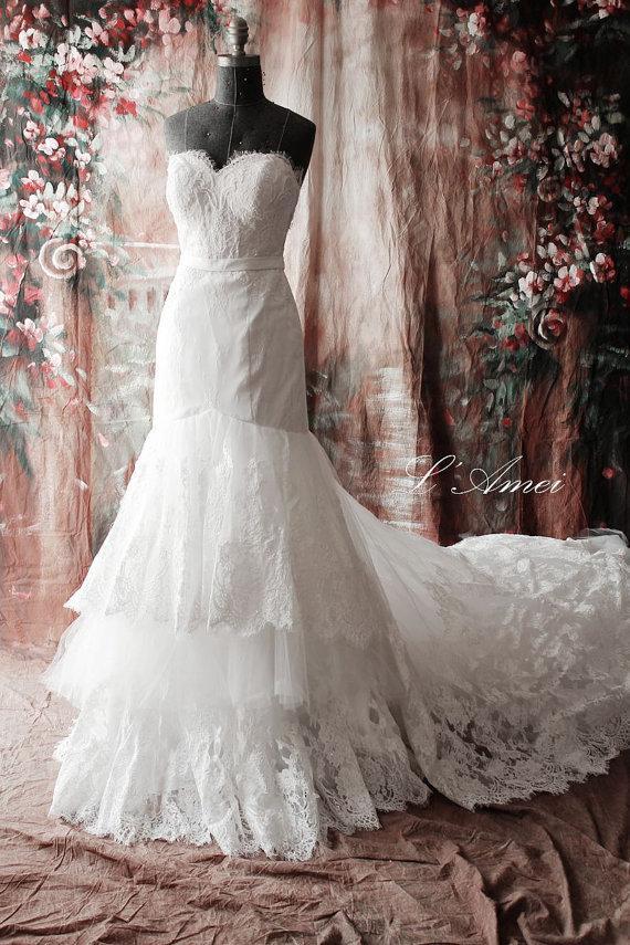 زفاف - High Quality Handmade Beaded French Lace Wedding Dress Bridal Gown with Sheer Back and Bling Neck Line