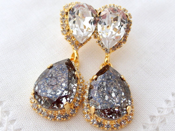 Wedding - Crystal black patine and white clear Chandelier earrings, Bridal earrings, Dangle earring, Drop earrings, Weddings jewelry Swarovski earring