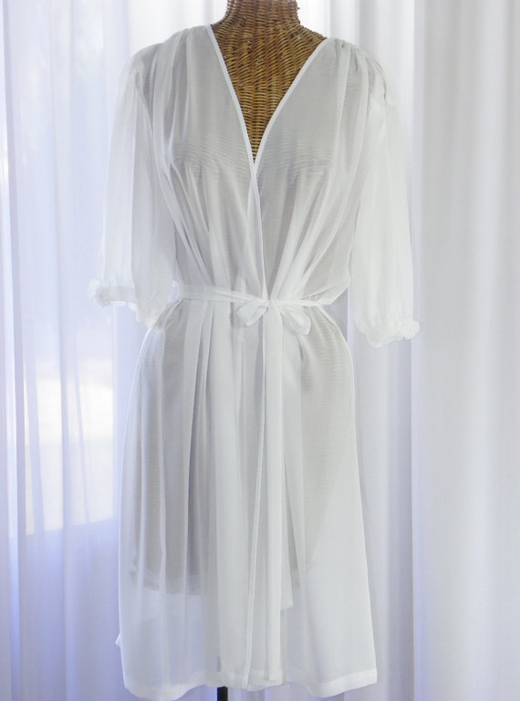 Wedding - Oscar de la Renta Bridal White Sheer Peignoir Robe Pearls Bows Cuff Softly Gathered Waterfall Design XL by VoilaVintageLingerie