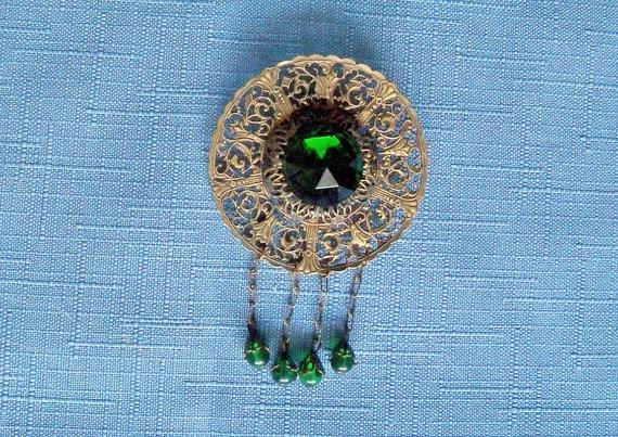 Mariage - Vintage Brooch Victorian Revival Green Glass Bridal Sash Wedding Jewelry Special Occasion Gift Idea