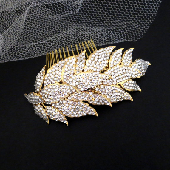 زفاف - Wedding hair accessory, Bridal hair comb, Crystal headpiece, Leaf hair comb, Swarovski hair comb, Gold headpiece, Vintage style