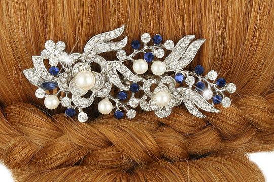 Свадьба - Bridal Hair Comb Wedding Hair Comb Sapphire Blue Pearl Silver Wedding Hair Piece Bridal Jewelry Wedding Jewelry Bridal Accessories Style-159