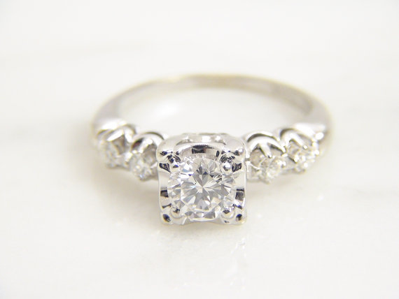 Hochzeit - Vintage 14k White Gold Diamond Engagement Ring Solitaire with Accents/ Estate Mid Century Art Deco