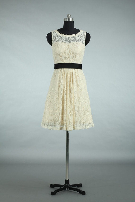 Mariage - Straps Scoop Neck Short Lace Bridesmaid Dress, Cheap Lace Bridesmaid Dress