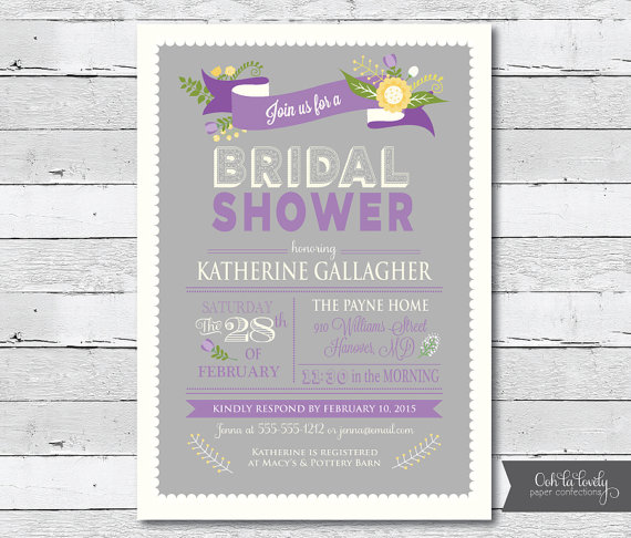 Wedding - Bridal Shower invitation, Purple and Grey Bridal Shower Invitation, Floral Shower Invite, printable, DIY