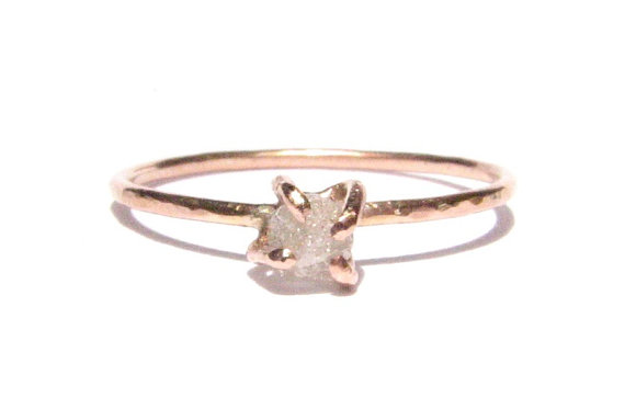 Wedding - Rough Diamond Ring - 14k Solid Rose Gold Ring - Tiny Stacking Ring - Thin Gold Ring - Engagement Ring - White Rough Diamond - READY TO SHIP!