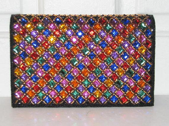 Wedding - JEWELED MAGID CLUTCH // Gorgeous Vintage 80's Party Rainbow Beaded Gold Criss Cross Satin Wedding Evening Bag Cocktail 90's