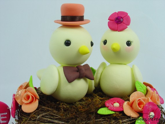 زفاف - Customise Birds Love Wedding Cake Topper with Sweet Floral Nest Choice of Color