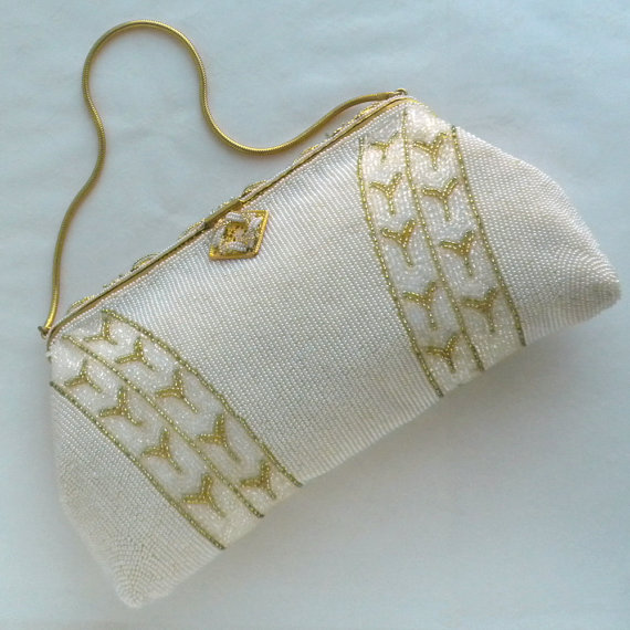 Hochzeit - Vintage Beaded Wedding Clutch Purse Handbag - Beaded Enamel Detail and Chain Handle - 1950s Hand Made in Belgium