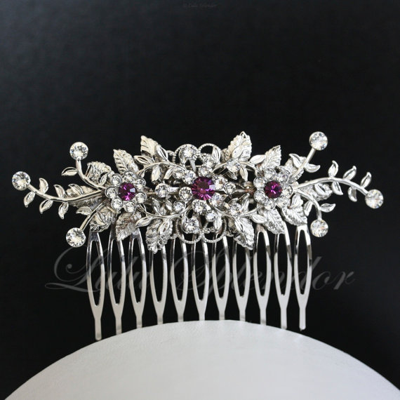 Hochzeit - Purple Wedding Hair Comb Vine Leaf Bridal Hair Clip Amethyst Crystal Wedding Hair Accessories GENOA DELUXE