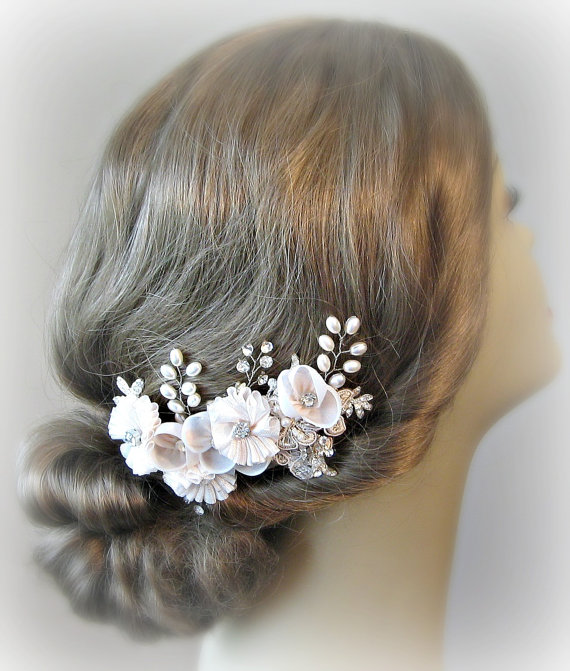 Wedding - Blush Bridal Fascinator, Light Pink Hair Flowers, Crystal and Pearl Hair Vine, Flower Vine - CAPRI