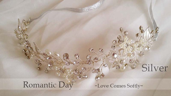 Mariage - Silver/Gold handmade Pearl Ribbon Wedding Headband/free bend never fade/Rhinestone headband/Wedding Accessories/Wedding Head piece 1015