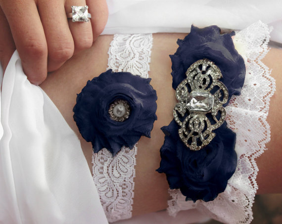 Hochzeit - Navy Blue Garter w/ White Lace Wedding Garter With Bling - Something Blue Wedding Garder Set, Plus Size Garter, Wedding Accessories