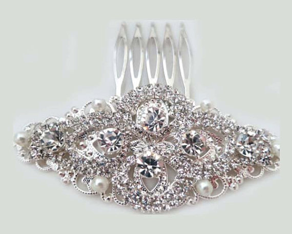 Hochzeit - Bridal Crystal Hair Comb Wedding HairComb Rhinestone Pearl Vintage Style Bridal Accessories Silver Bling