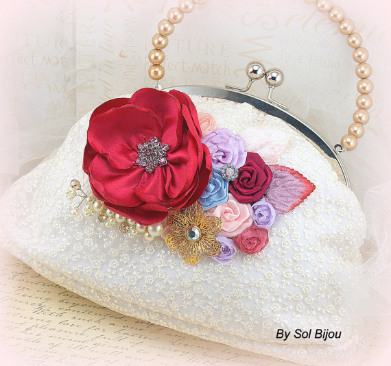 زفاف - Bridal Clutch Wedding Clutch Vintage Inspired Purse in Ivory, Gold, Blush Pink, Lilac, Light Blue and Fuchsia