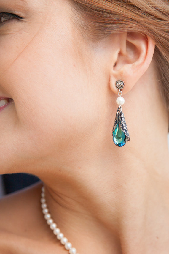 زفاف - Bridal Earrings, Crystal Bermuda Blue Earrings, Something Blue, Azure Blue, Bridesmaid Earrings, Peacock drop chandelier earrings jewelry