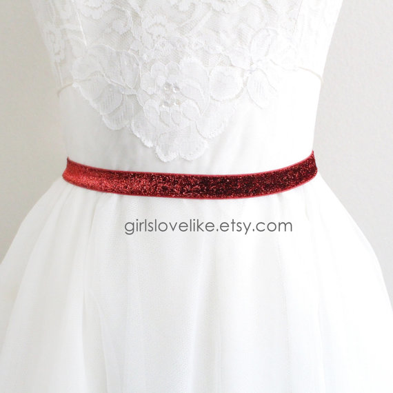 Wedding - Red Skinny Glitter Elastic With Clasp Buckle Belt, Bridal Wedding  Belt, Bridesmaid Belt, Custom Belt
