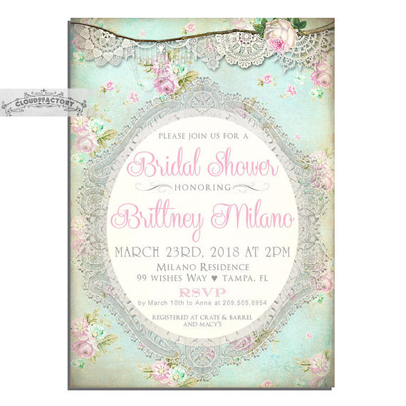 Hochzeit - Mint and Lace Bridal Shower Invitations Pale Pink Lavender Vintage Doily Shabby chic Tea Party Bridal Luncheon Brunch Digital Printed No.825