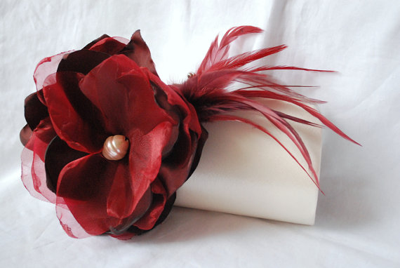 زفاف - Bridal Clutch Winter Wedding Collection/ Ivory Satin Clutch with Burgundy Fabric Flower