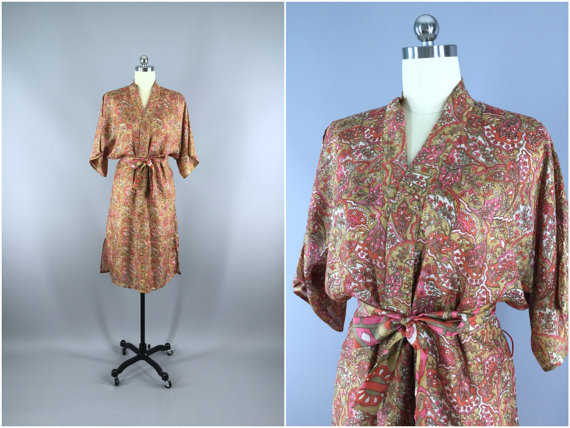 Wedding - Silk Robe / Silk Sari Robe / Silk Kimono Robe / Vintage Indian Sari / Silk Dressing Gown Wedding / Boho Bohemian / Orange Tan Floral Print