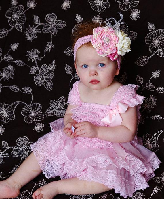 Mariage - aqua pink lace dress headband SET,Toddler,baby dress,Flower girl dress,First/1st Birthday Dress,Vintage style,girls photo outfit