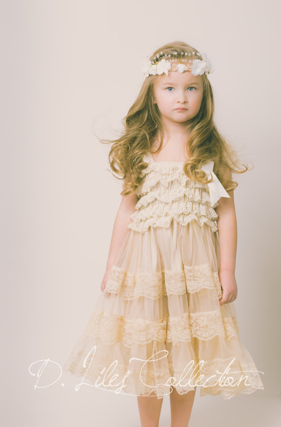 Hochzeit - Champagne Lace Flower Girl Dress-Ivory Lace Baby Doll Dress/Rustic Flower Girl/-Vintage Wedding-Shabby Chic Flower Girl Dress-Vintage Sash
