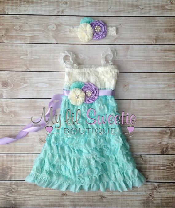 Hochzeit - Ivory, light purple, light mint aqua 3 piece set, dress, sash, headband, baby girl outfit, special occasion dress, toddler dress, girls dres