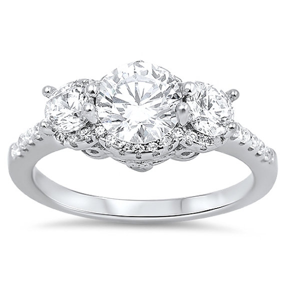 زفاف - 4.00 Carat Round Brilliant Cut Cubic Zirconia Solid 925 Sterling Silver Diamond Accent Dazzling Promise Three Stone Wedding Engagement Ring