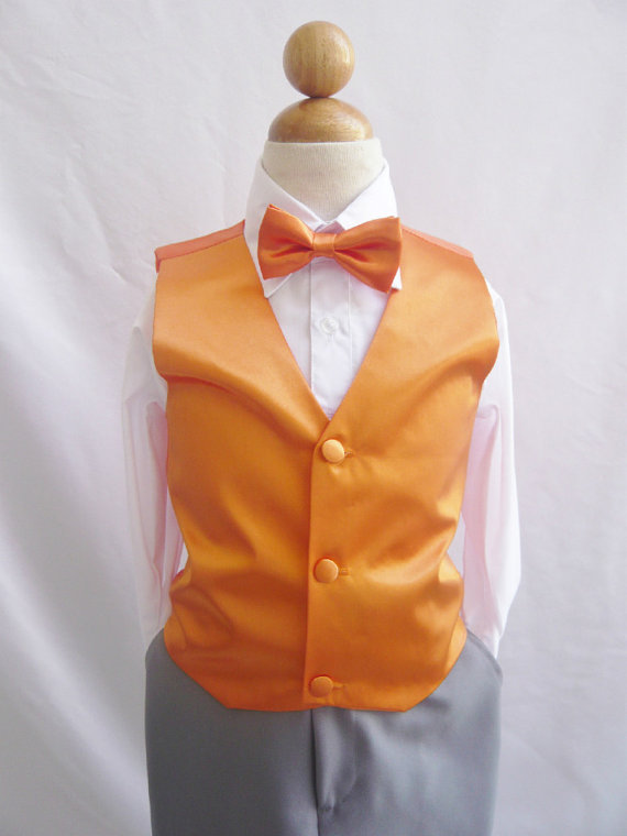 Hochzeit - Boy Vest with Bow Tie in Orange for Ring Bearer, Communion, Wedding in Size 12, 14, 16 only