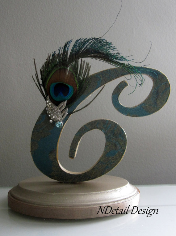 Wedding - Gatsby and Art Deco Wedding Cake Topper & Display:Monogram Letter C with Feather