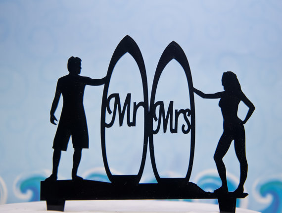 Wedding - Mr and Mrs with Surfers and Surfboards wedding cake topper