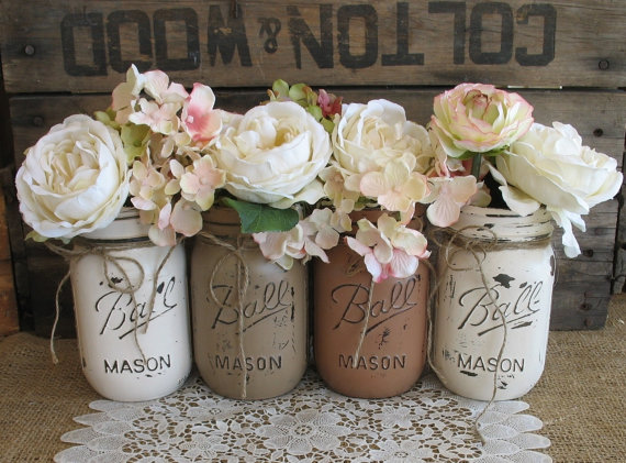 زفاف - Set of 4 Pint Mason Jars, Ball jars, Painted Mason Jars, Flower Vases, Creme, Tan and Brown Wedding Mason Jars